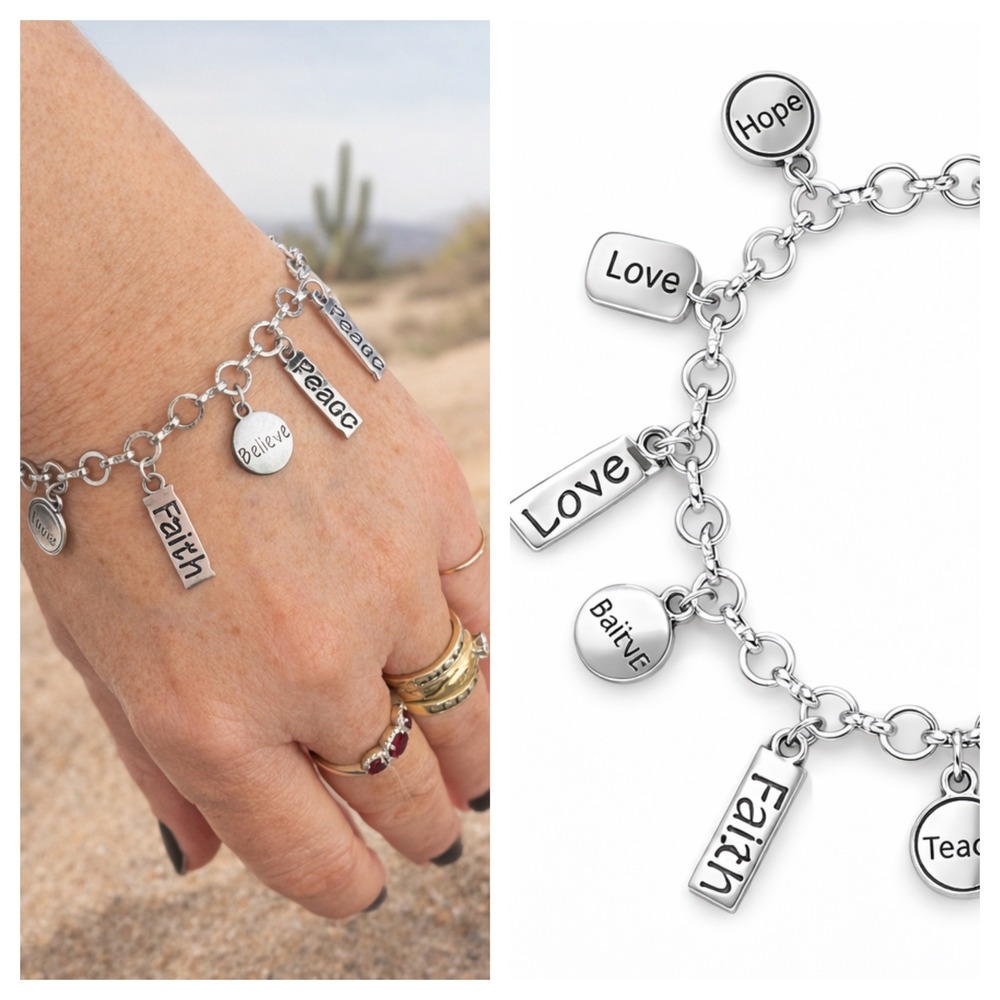 AVON Silver Tone Charm Bracelet Faith Hope Love Peace Believe Thank You Women - Picture 2 of 12